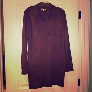 Brown faux suede collared shirt dress with pockets